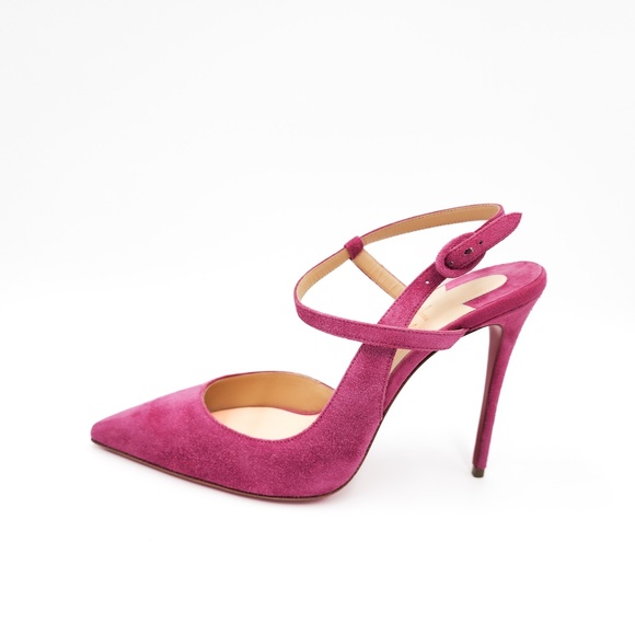 Christian Louboutin Pink Suede Slingback Cross Strap Buckle Pumps Heels EU 38 - Picture 3 of 8